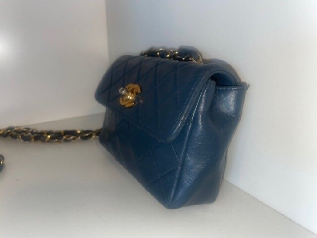 Chanel Vintage Mini Classic Flap Bag - Blue Slate Quilted Lambskin with Gold Hardware