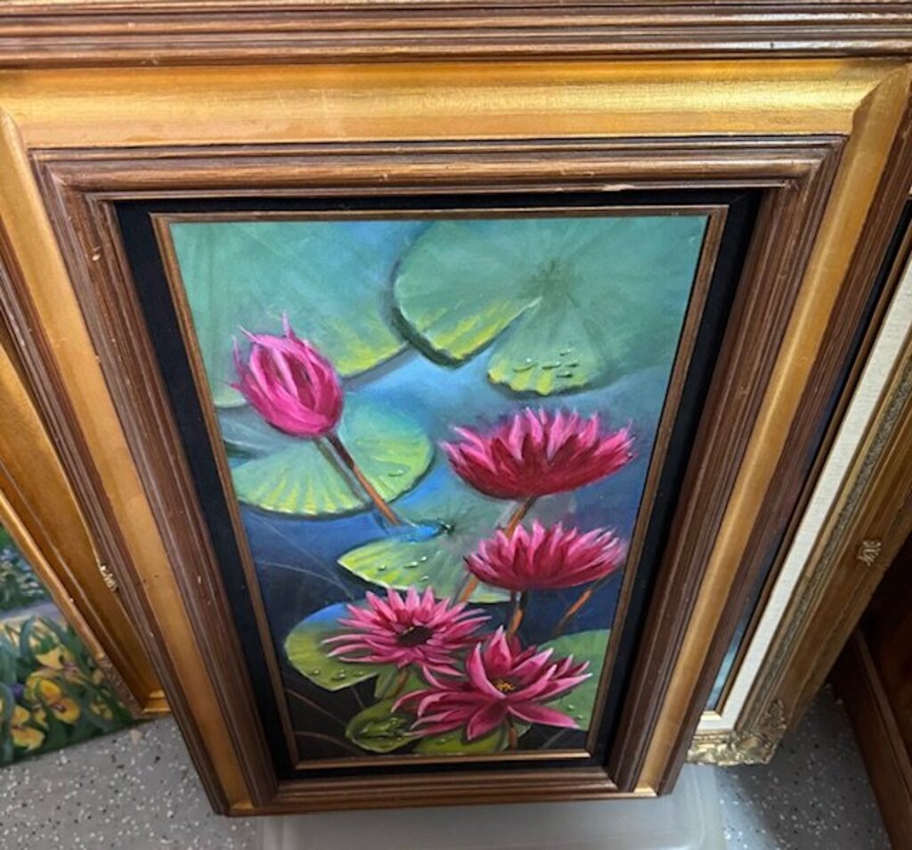 Original Lily Pad Art In Gold Frame Signed By Doris Frignac - 20X32