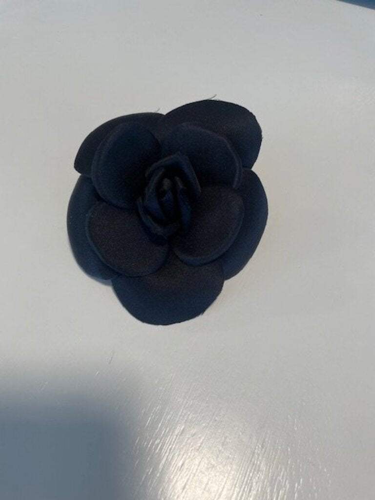 Chanel Black Satin Camellia Flower Brooch