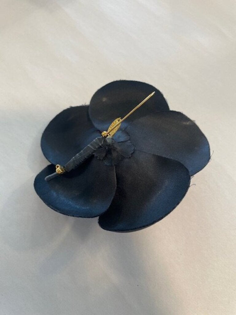 Chanel Black Satin Camellia Flower Brooch