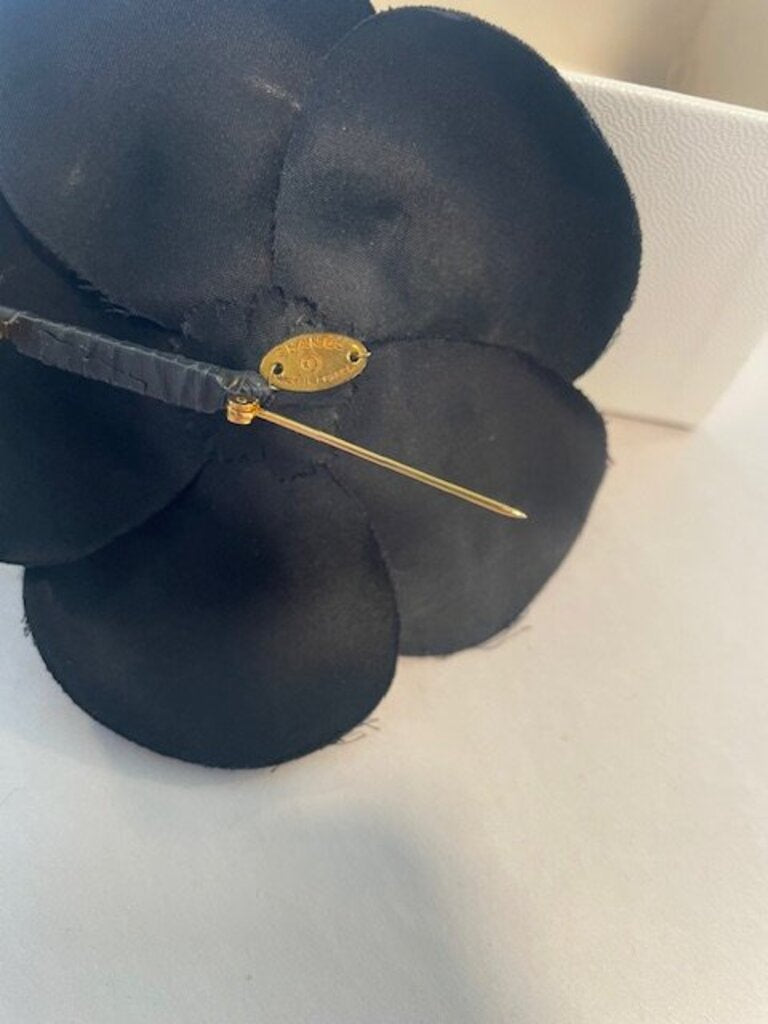 Chanel Black Satin Camellia Flower Brooch