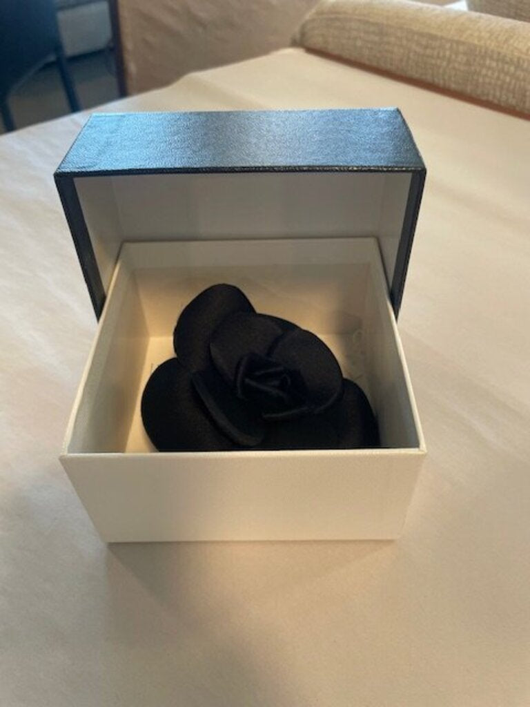 Chanel Black Satin Camellia Flower Brooch