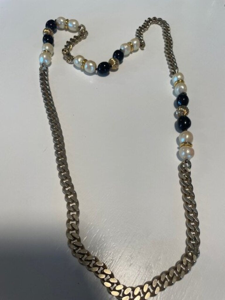 Vintage Gold-Tone Nautical Chain Necklace - Pearls & Navy Accents