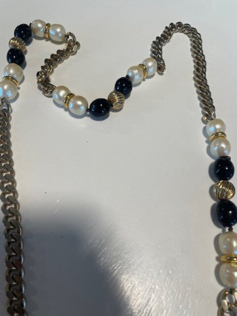 Vintage Gold-Tone Nautical Chain Necklace - Pearls & Navy Accents
