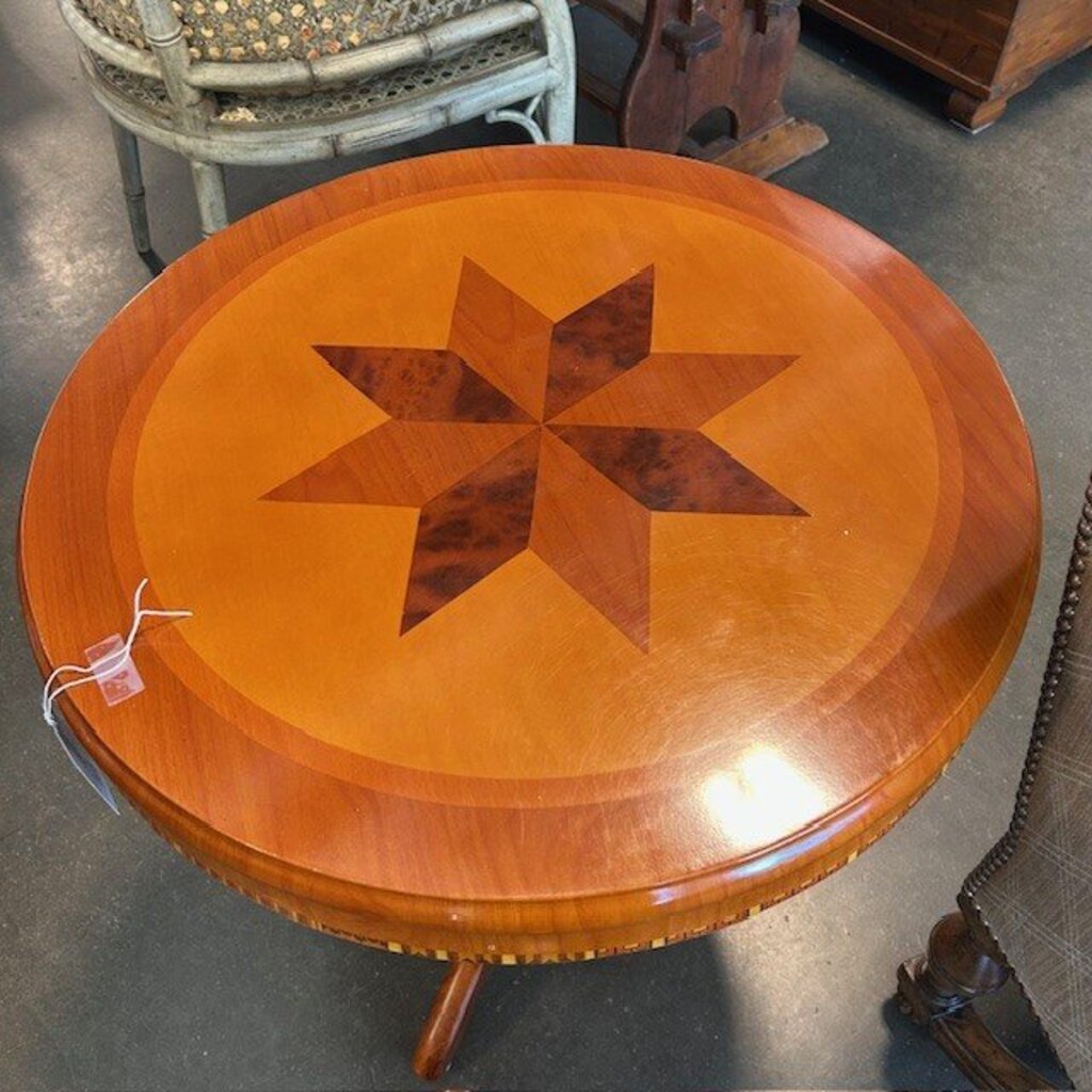 Wood Pedestal Side Table W/ Wood Inlay