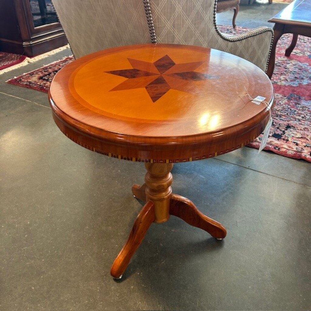 Wood Pedestal Side Table W/ Wood Inlay