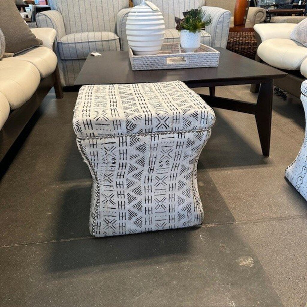 Mud Cloth White & Black Ottoman- 16X16X18H