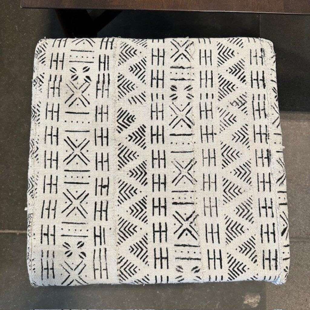 Mud Cloth White & Black Ottoman- 16X16X18H