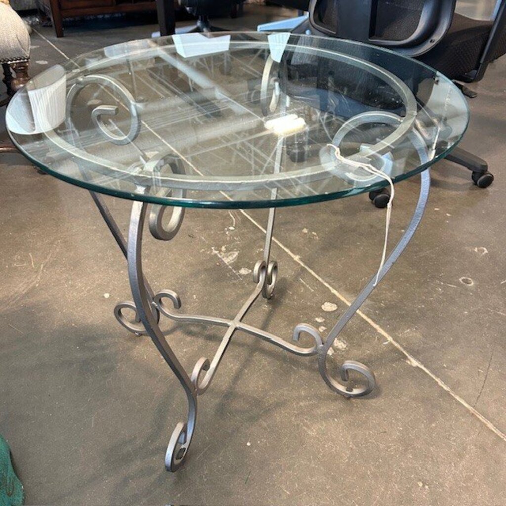 Wrought Iron Round Glass Top Side Table - AS IS - 24X22.5