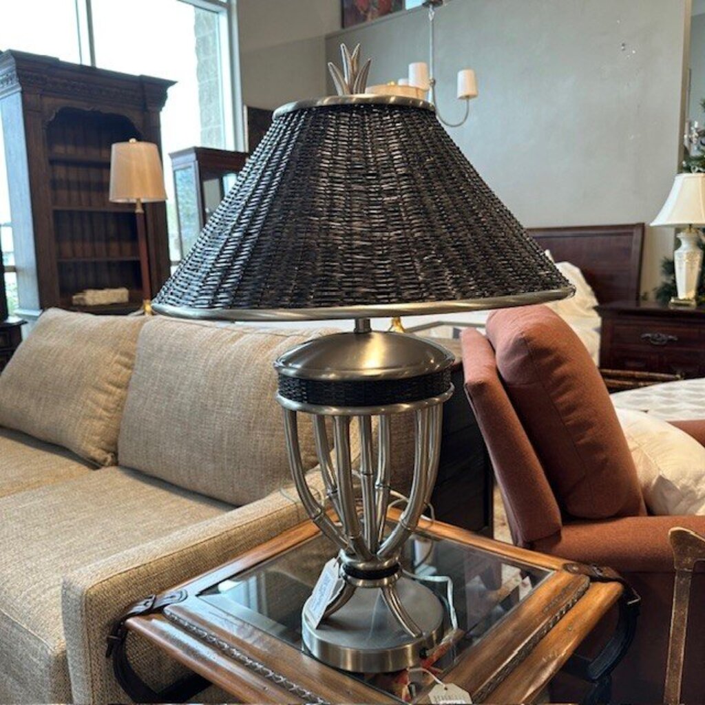 Silver Metal Table Lamp W/ Black Woven Shade- 32H