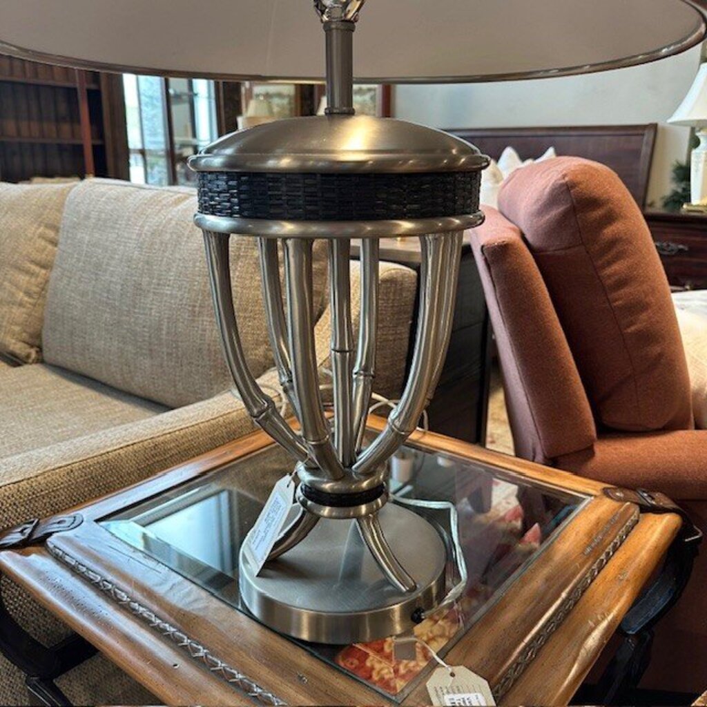 Silver Metal Table Lamp W/ Black Woven Shade- 32H