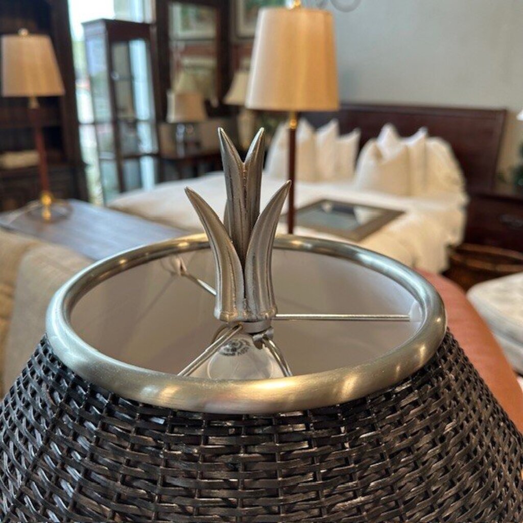 Silver Metal Table Lamp W/ Black Woven Shade- 32H