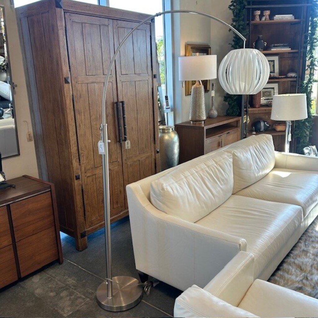 Silver Arched Floor Lamp W/ Cream Round Shade - 80"H