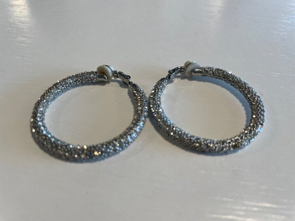 Silver-Tone Pave Crystal Mesh Clip-On Hoop Earrings