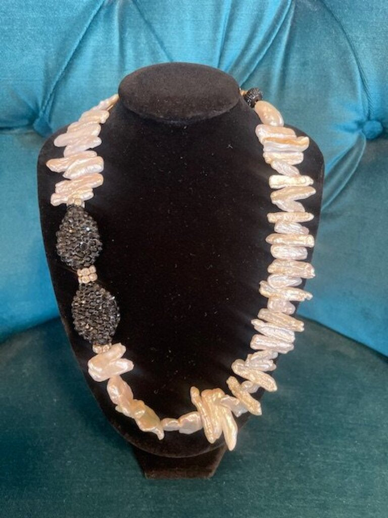Artisan Asymmetrical White Biwa Stick Pearl Black Pave Crystal Statement Necklace