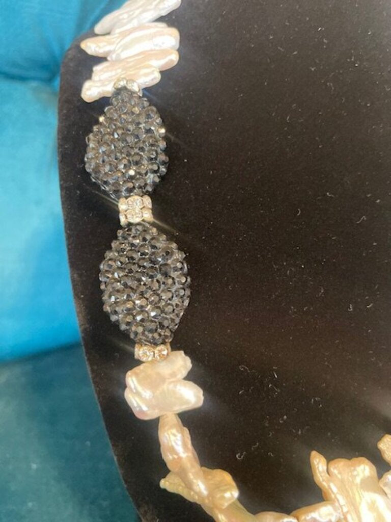 Artisan Asymmetrical White Biwa Stick Pearl Black Pave Crystal Statement Necklace