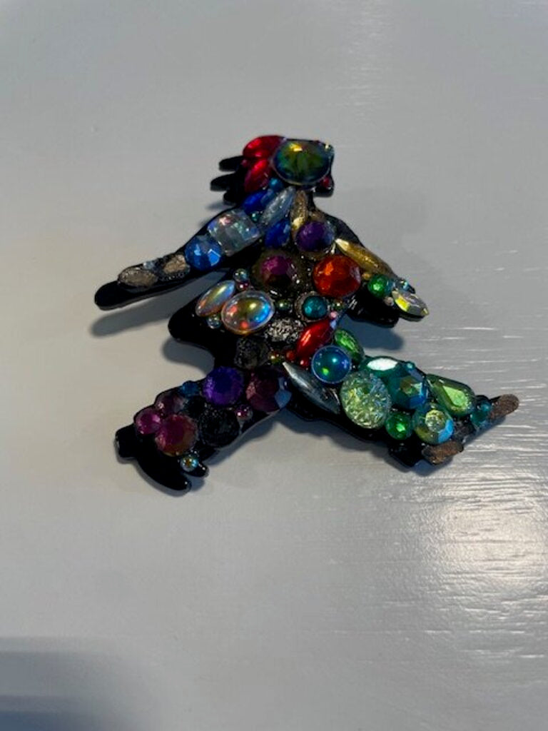 Bill Schiffer Running Man Multicolor Rhinestone Black Resin Brooch - AS IS