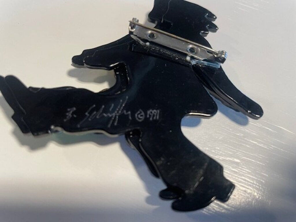 Bill Schiffer Running Man Multicolor Rhinestone Black Resin Brooch - AS IS