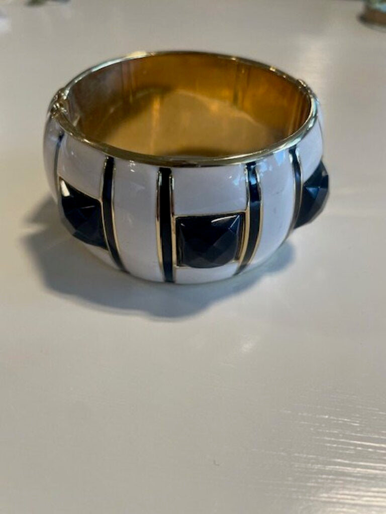 Freida Rothman Gold White Black Hinged Bangle Bracelet