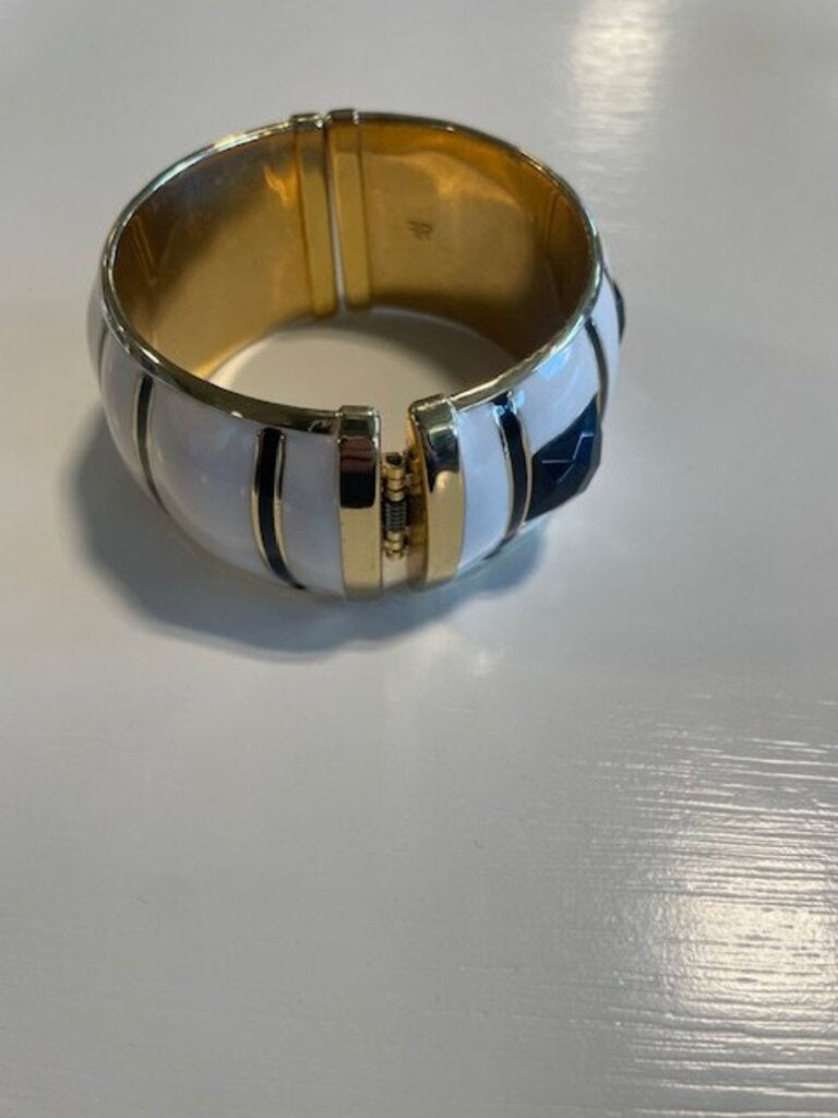 Freida Rothman Gold White Black Hinged Bangle Bracelet
