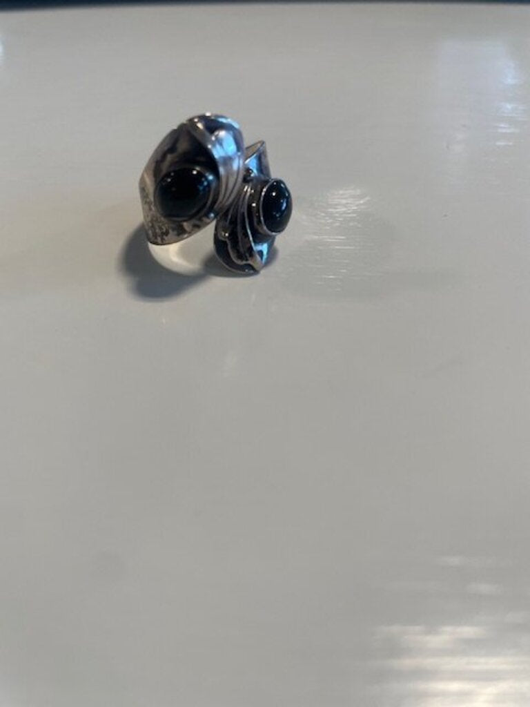 Sterling Silver Black Onyx Double-Stone Bypass Ring - Size 8