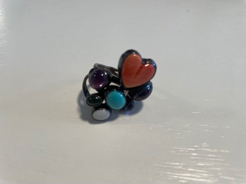 Nakai Navajo Sterling Silver Confetti Heart Multi-Stone Ring - Size 6.5