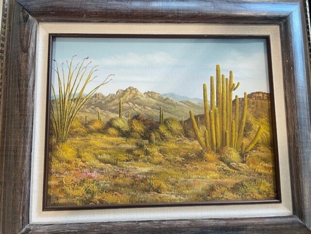 Rustic Framed & Signed Desert Landscape Oil Painting