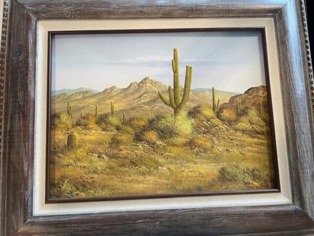 Rustic Framed & Signed Southwest Desert Saguaro Oil Painting