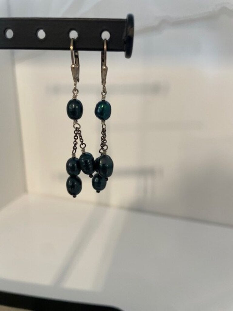 Iridescent Pearl Dark Green Graduated Drop Earrings