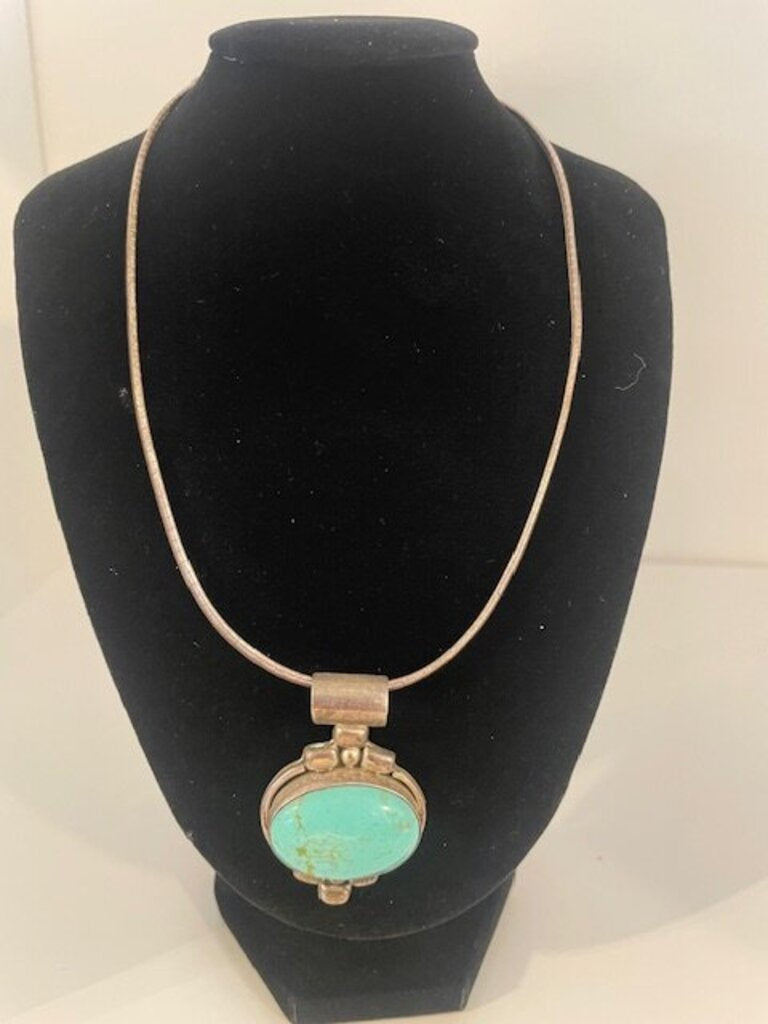 Mexican Sterling Silver Turquoise Pendant on Sterling Omega Chain