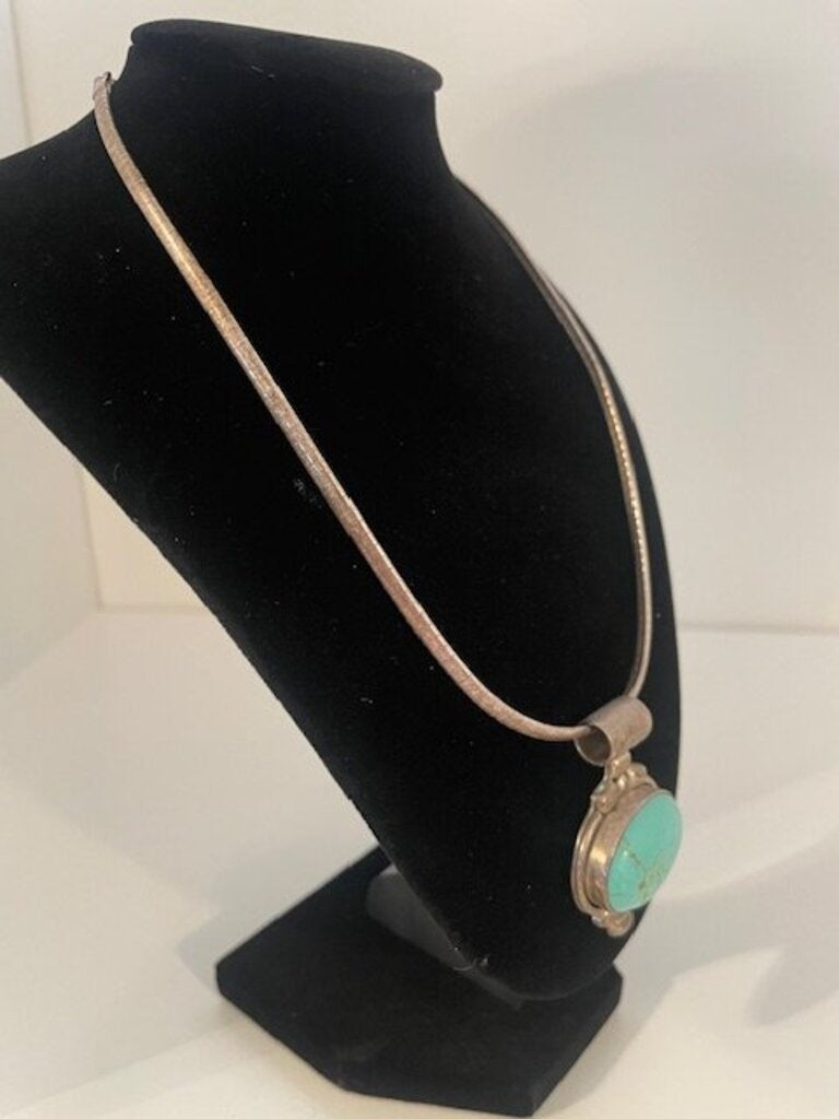 Mexican Sterling Silver Turquoise Pendant on Sterling Omega Chain