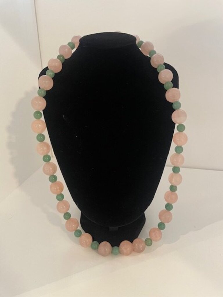 Vintage 14K Rose Quartz Green Aventurine Knotted Strand