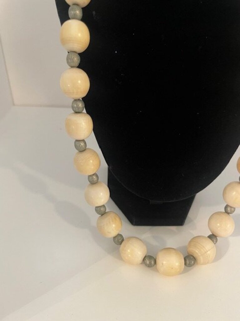 Vintage 24-inch Hand-Carved Bone & Hematite Strand