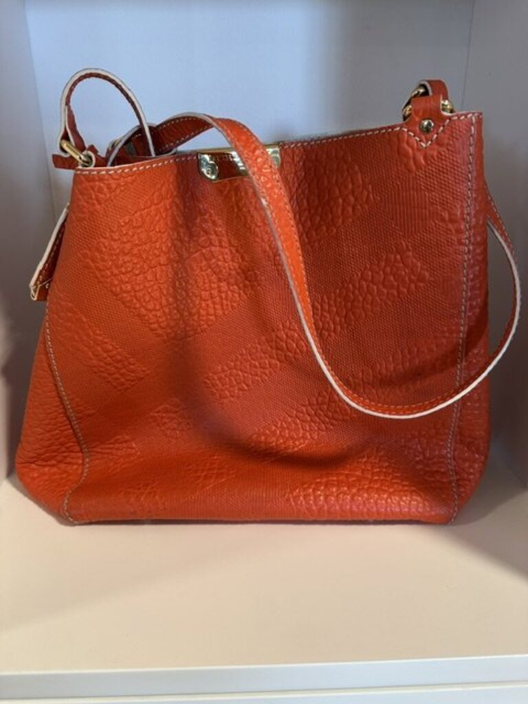Burberry Orange Embossed Check Leather Medium Canterbury Tote Bag