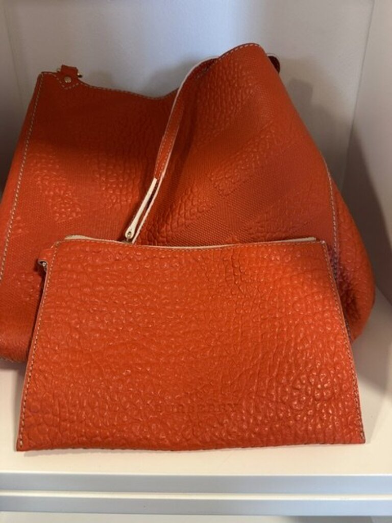 Burberry Orange Embossed Check Leather Medium Canterbury Tote Bag