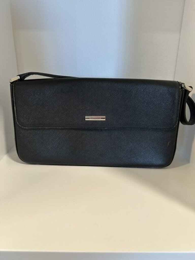 Burberry Saffiano Black Leather Flap Baguette Bag