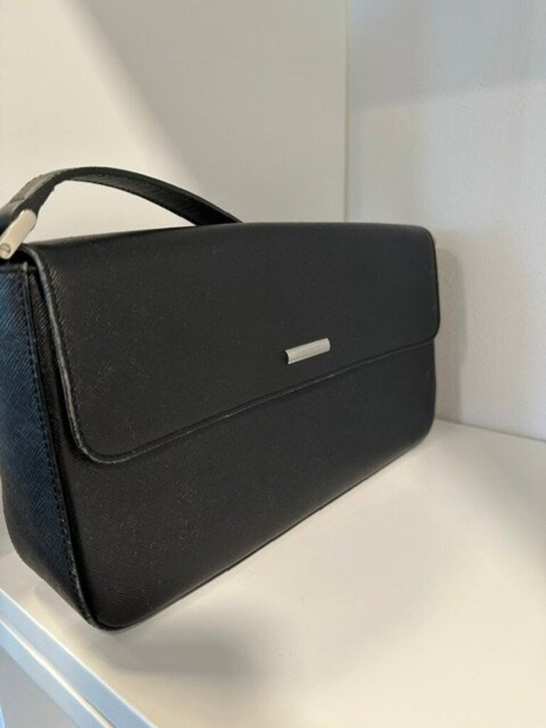 Burberry Saffiano Black Leather Flap Baguette Bag