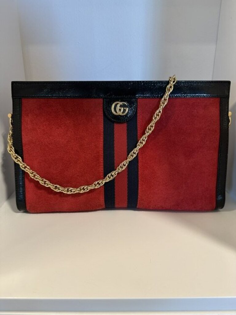 Gucci Ophidia Hibiscus Red Suede Patent Chain Shoulder Bag