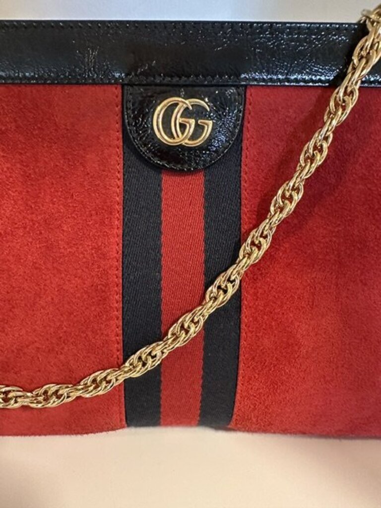 Gucci Ophidia Hibiscus Red Suede Patent Chain Shoulder Bag
