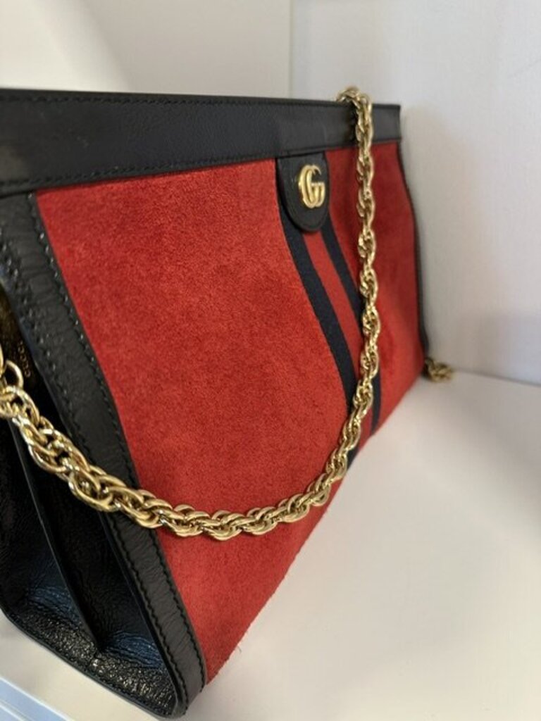 Gucci Ophidia Hibiscus Red Suede Patent Chain Shoulder Bag