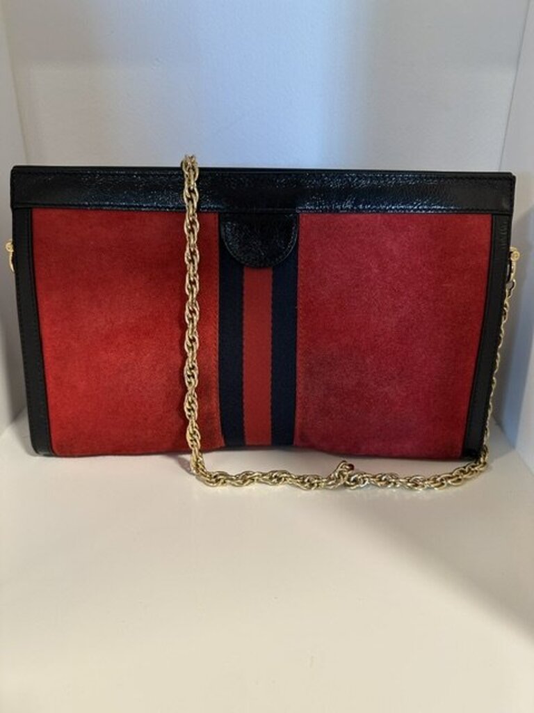 Gucci Ophidia Hibiscus Red Suede Patent Chain Shoulder Bag