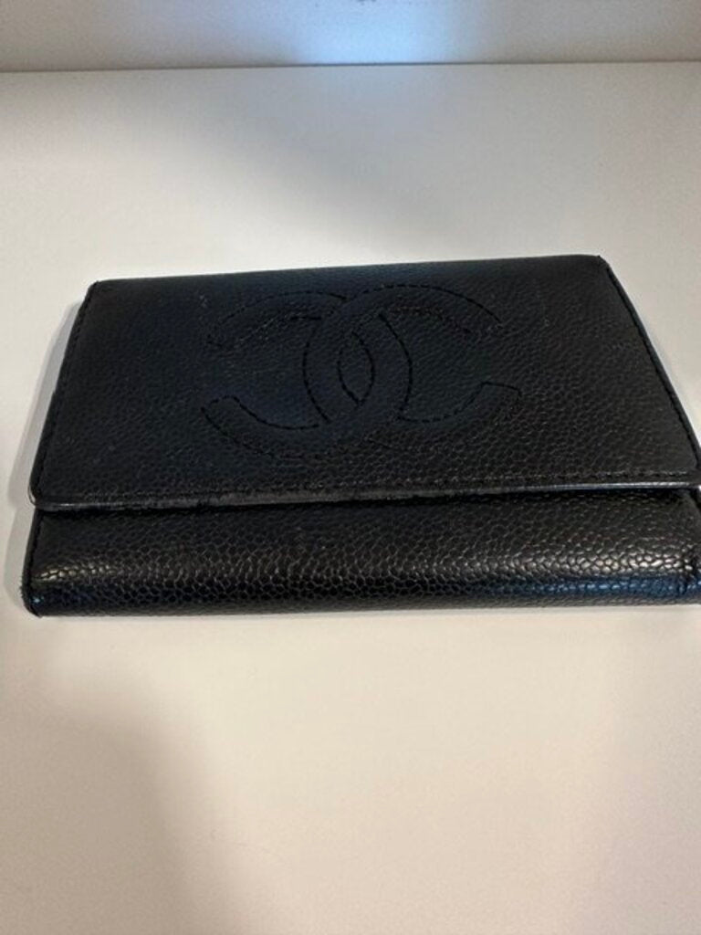 Chanel Vintage Black Caviar Leather Timeless Long Wallet - Tri-Fold