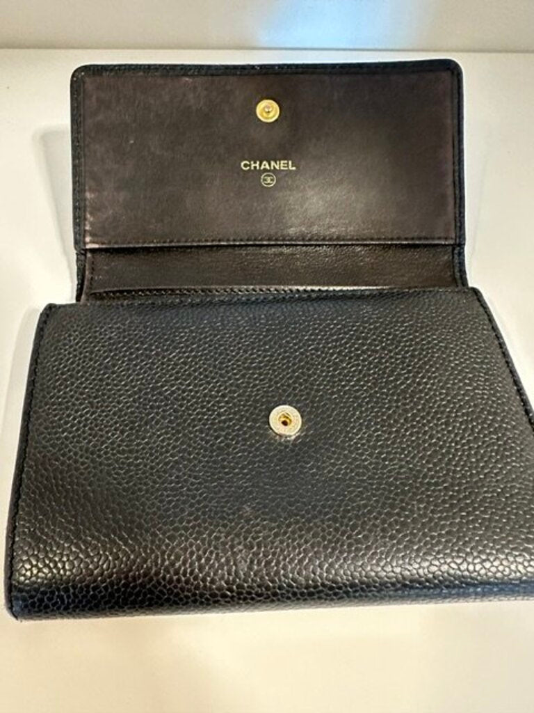 Chanel Vintage Black Caviar Leather Timeless Long Wallet - Tri-Fold
