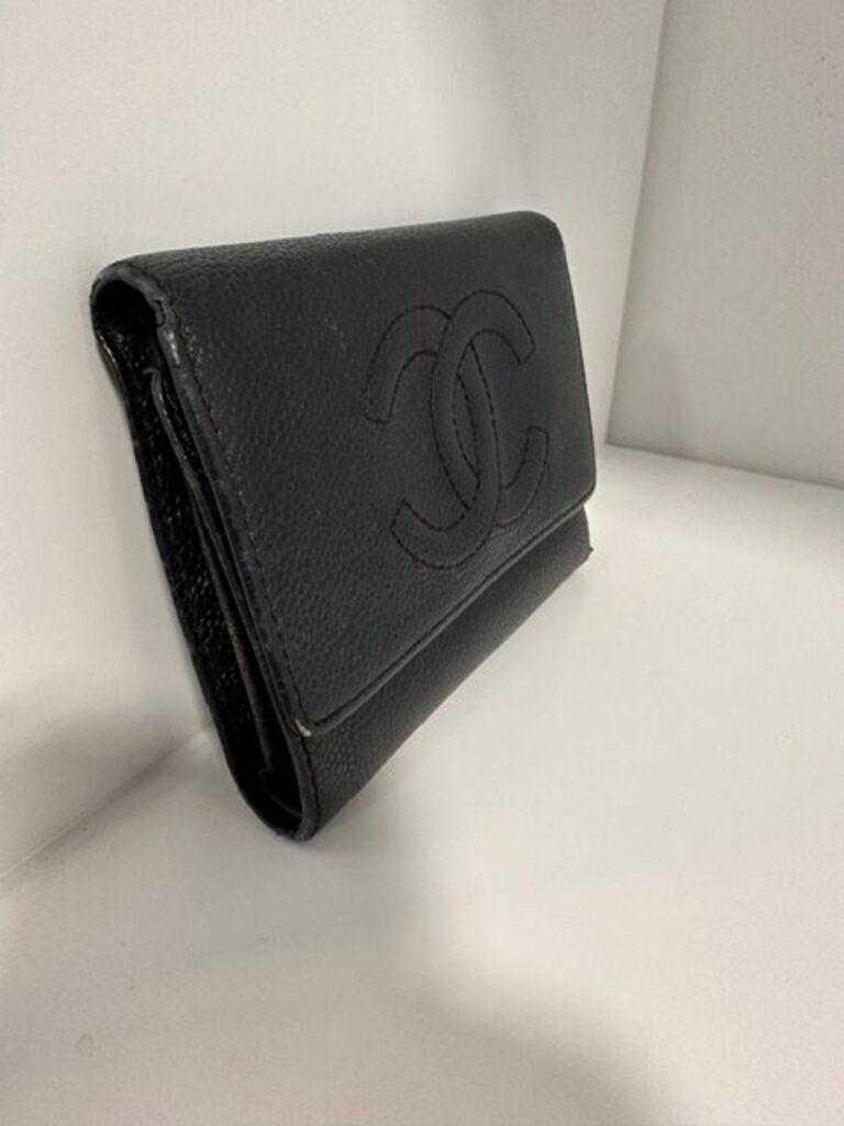 Chanel Vintage Black Caviar Leather Timeless Long Wallet - Tri-Fold