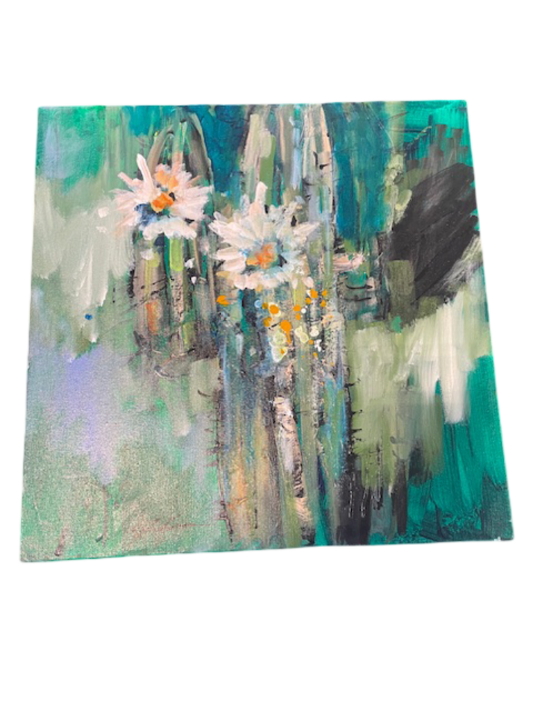 Jack Rickard Original Saguaro W/ White Flowers Art on Canvas - 20x20