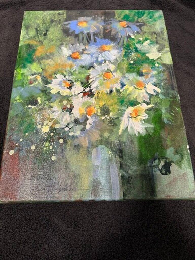 Jack Rickard Original Blue Daisy Bouquet Art on Canvas - 14x18
