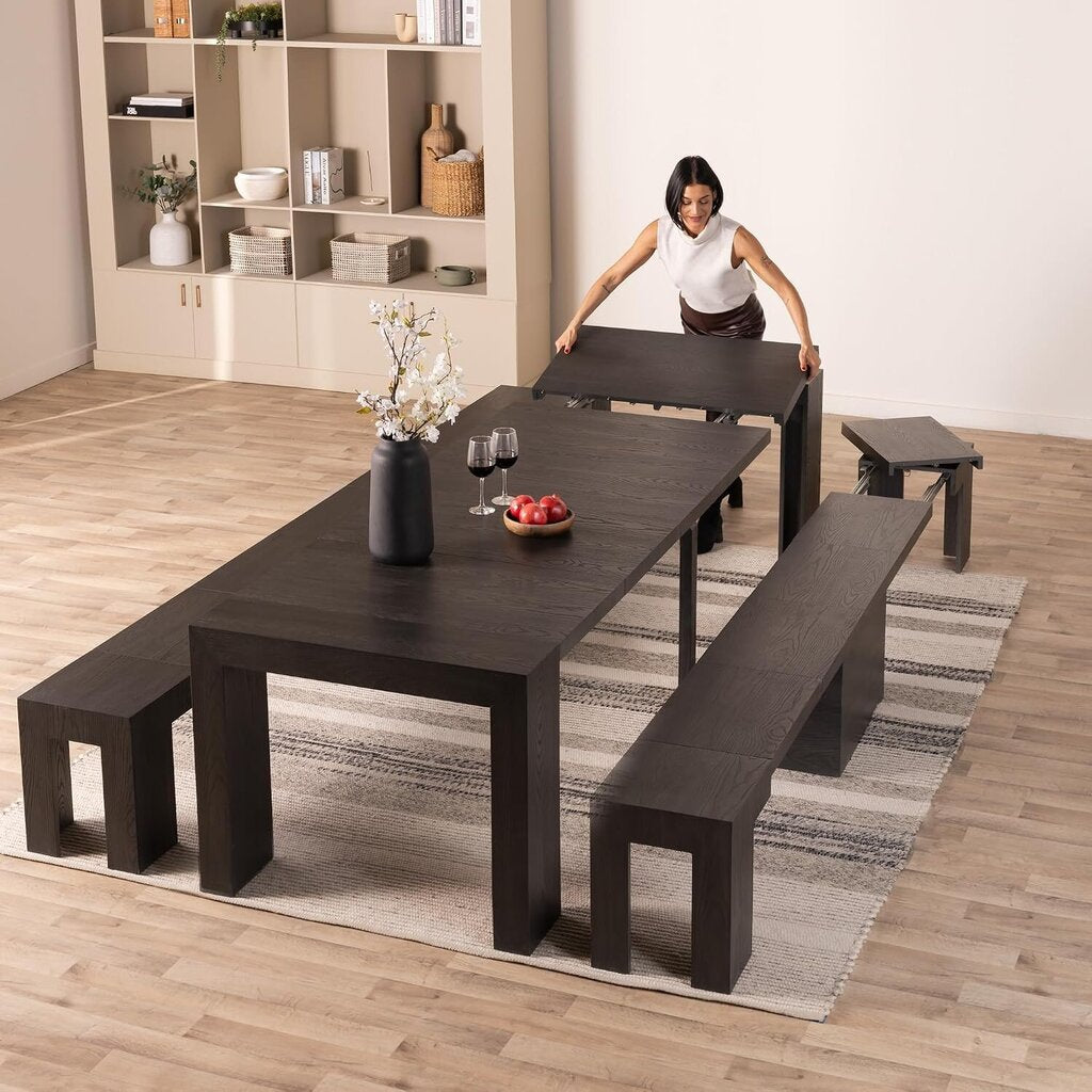 Transformer Table Extendable Dining Table W/ 2 Extension Benches- 118X37.5X40H- AS IS