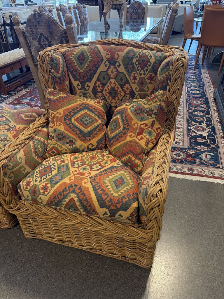 Custom Wicker SW Upholstered Chairs W/ Ottoman