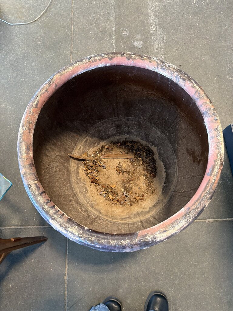 Rustic Pot W/ Vintage Copper Charger Side Table- 32X32X22