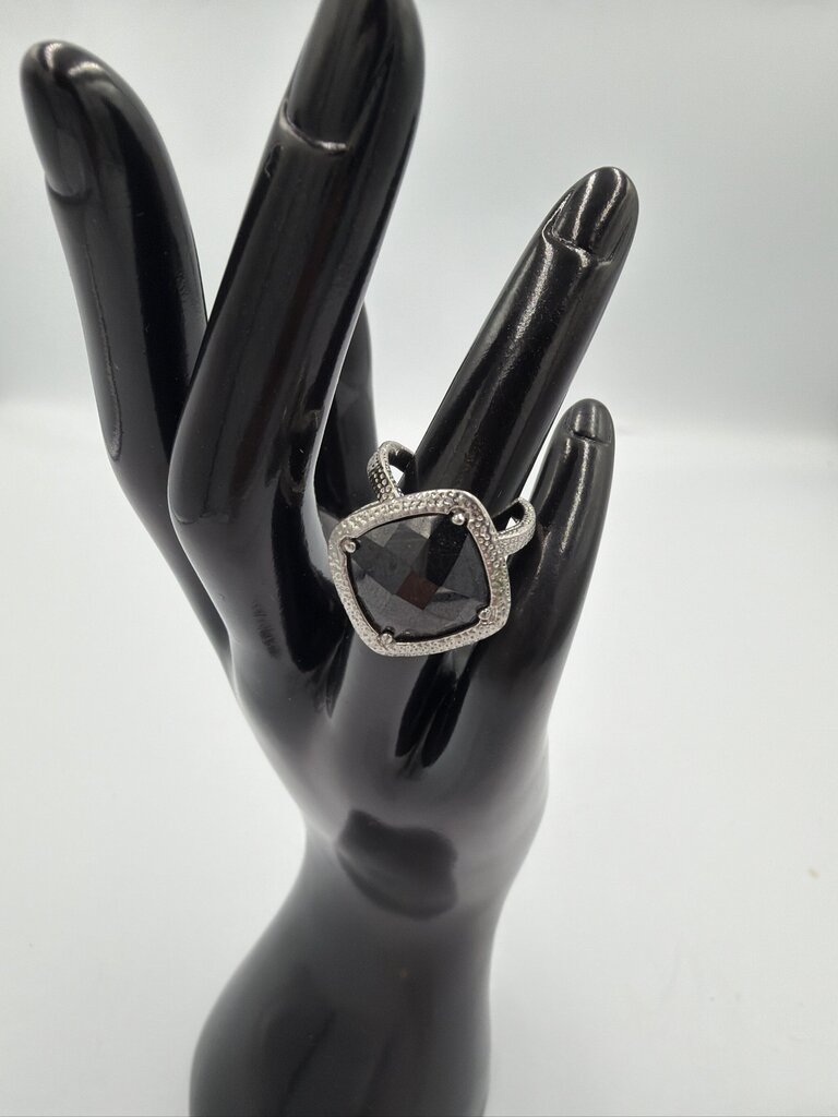 Cushion-Cut Black Glass Square Halo Cocktail Ring - Size 6
